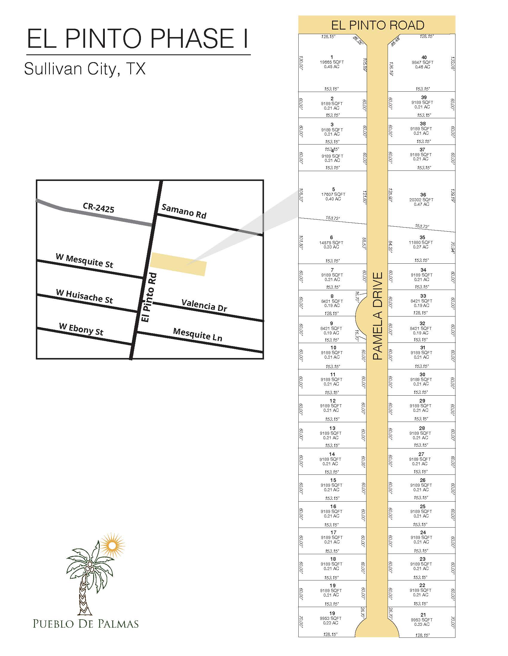 El Pinto Estates PH I subdivision plat map — lots for sale in Sullivan City, TX