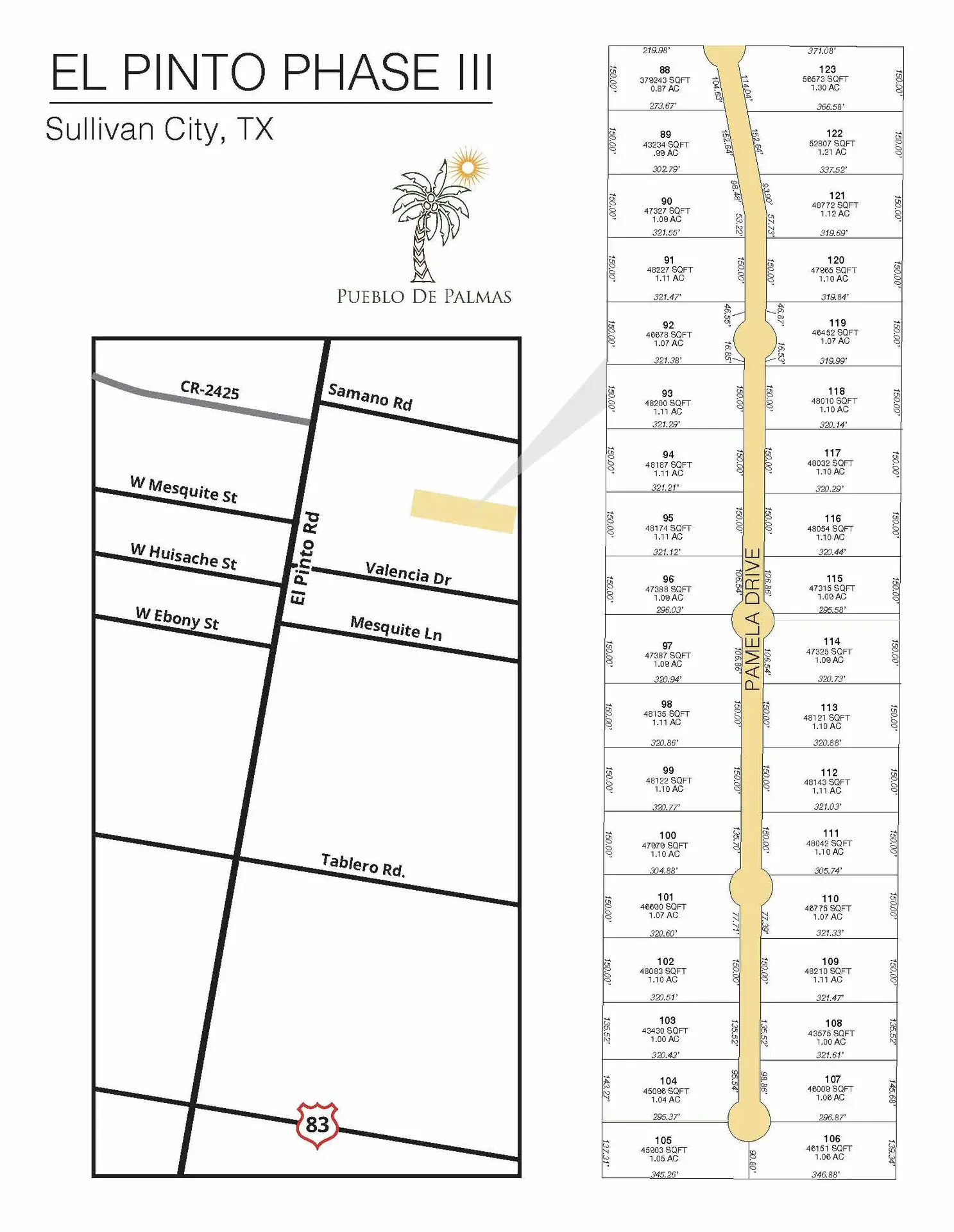 El Pinto Estates PH III subdivision plat map — lots for sale in Sullivan City, TX