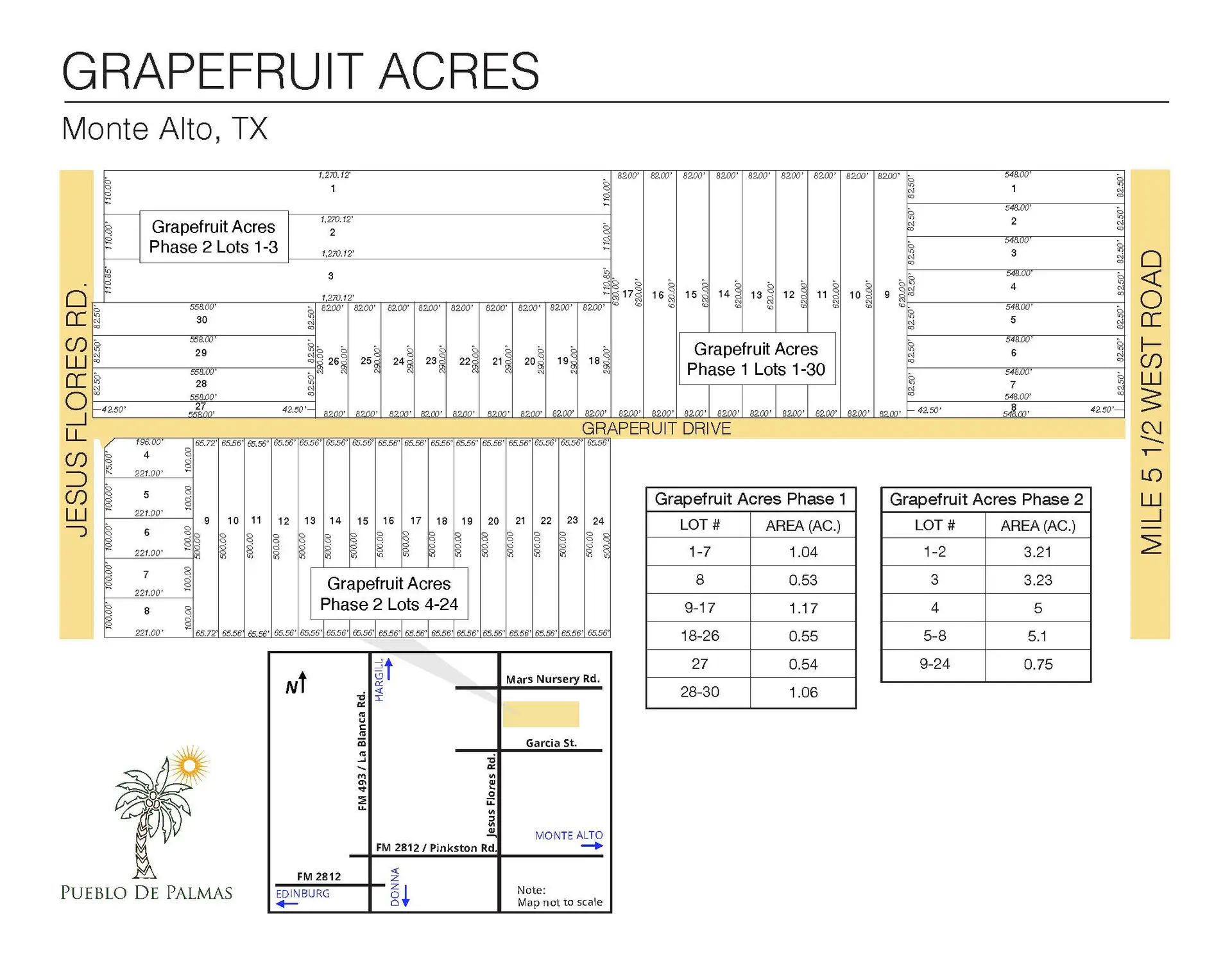 Grapefruit Acres 1 & 2 subdivision plat map — lots for sale in Monte Alto, TX