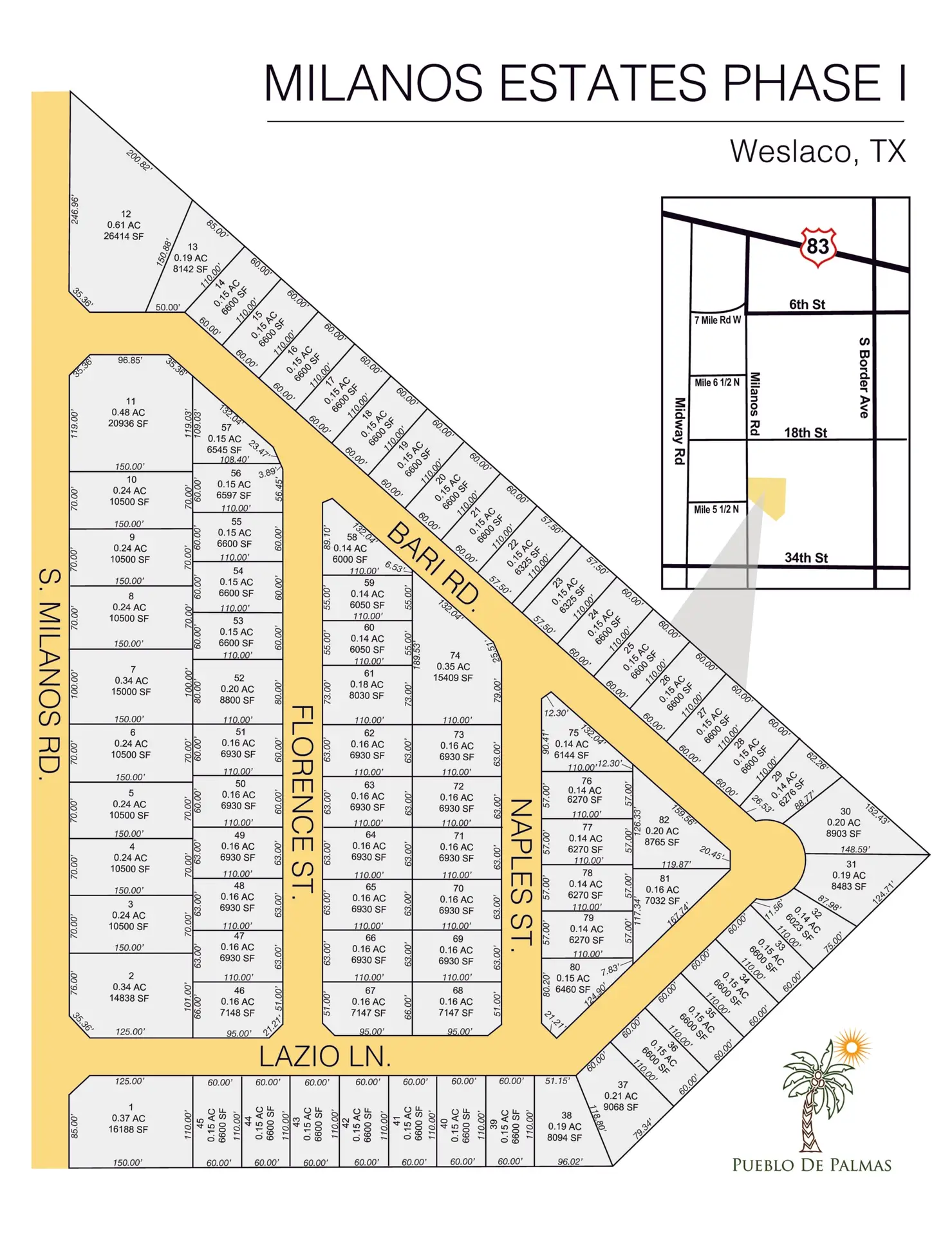 Milanos Estates PH I subdivision plat map — lots for sale in Weslaco, TX