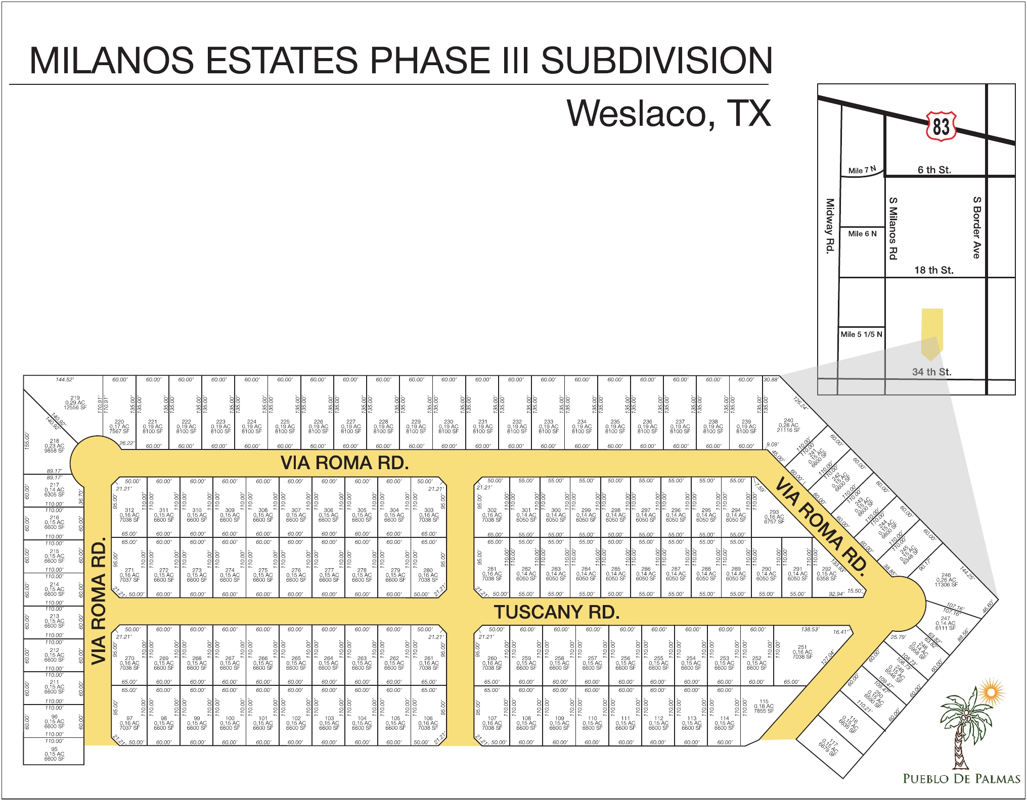 Milanos Estates Phase III subdivision plat map — lots for sale in Weslaco, TX
